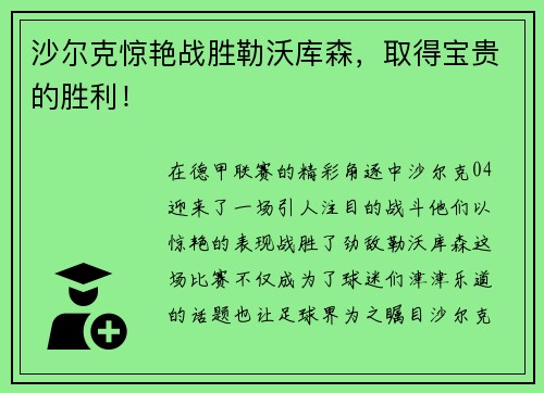 沙尔克惊艳战胜勒沃库森，取得宝贵的胜利！